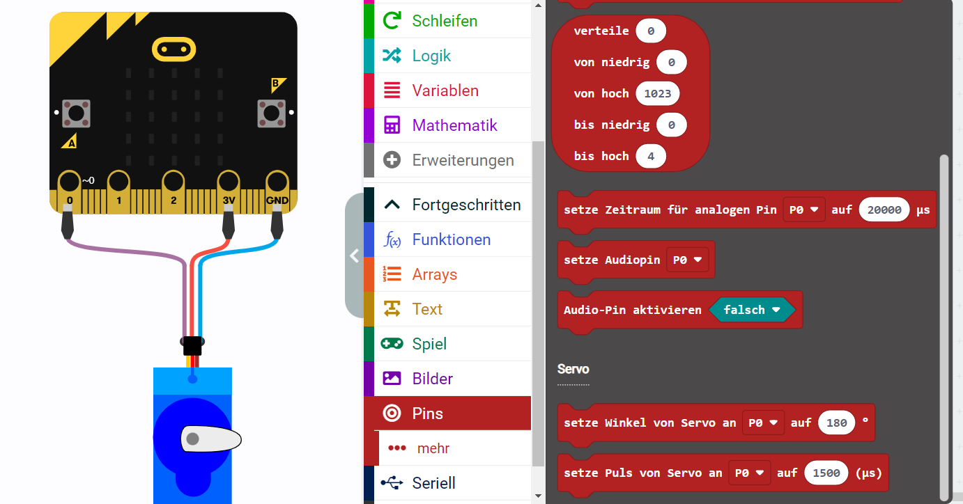 Screenshot der Kategorie 'Pins' in Makecode